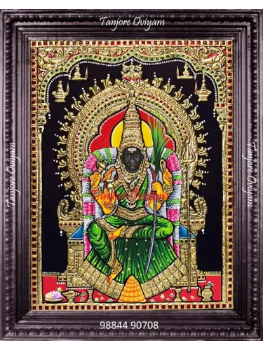 Amman Goddess Tanjore painting seated dark complexion sword green saree gold foil artwork
